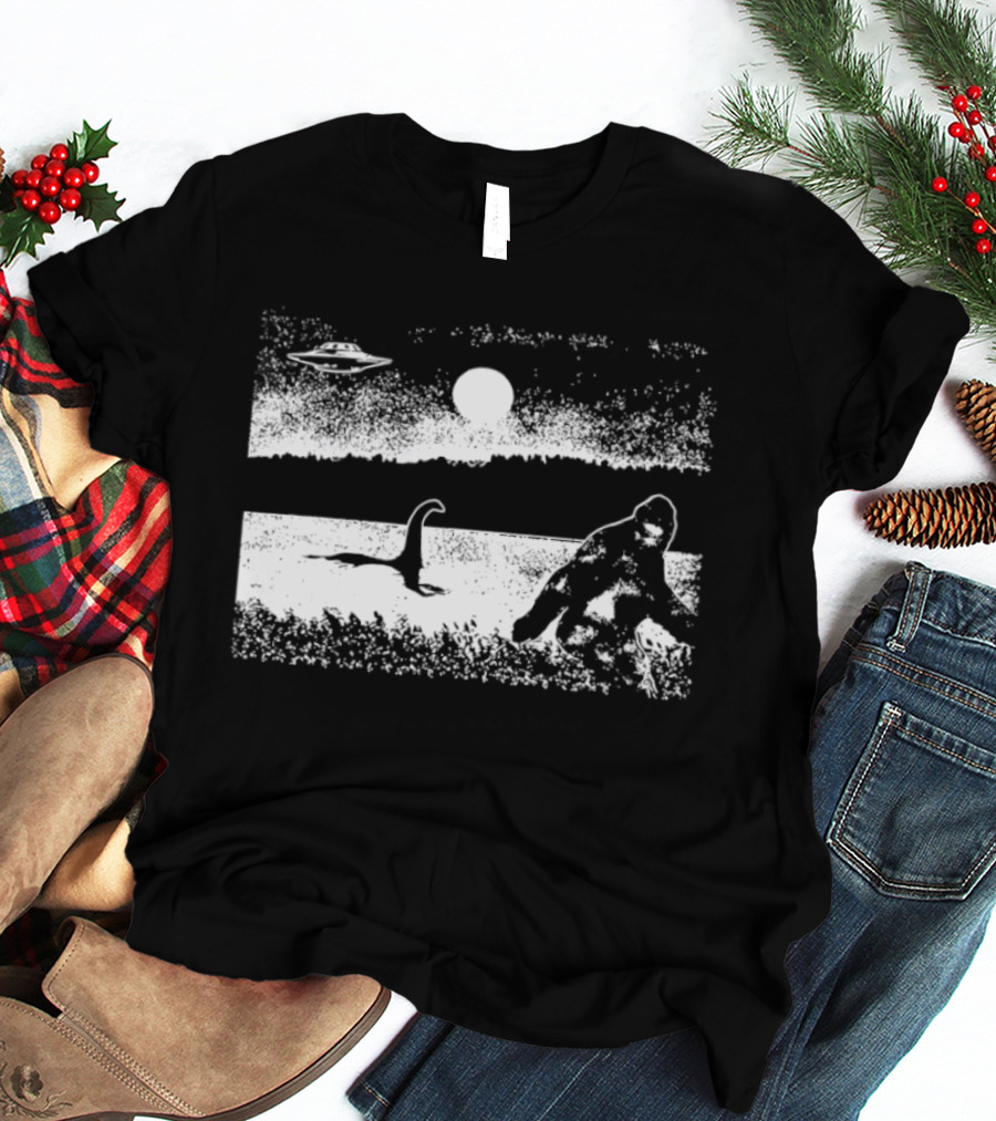 Bigfoot Nessie UFO Cryptid Creature Paranormal Mystery Nature Scene T-Shirt