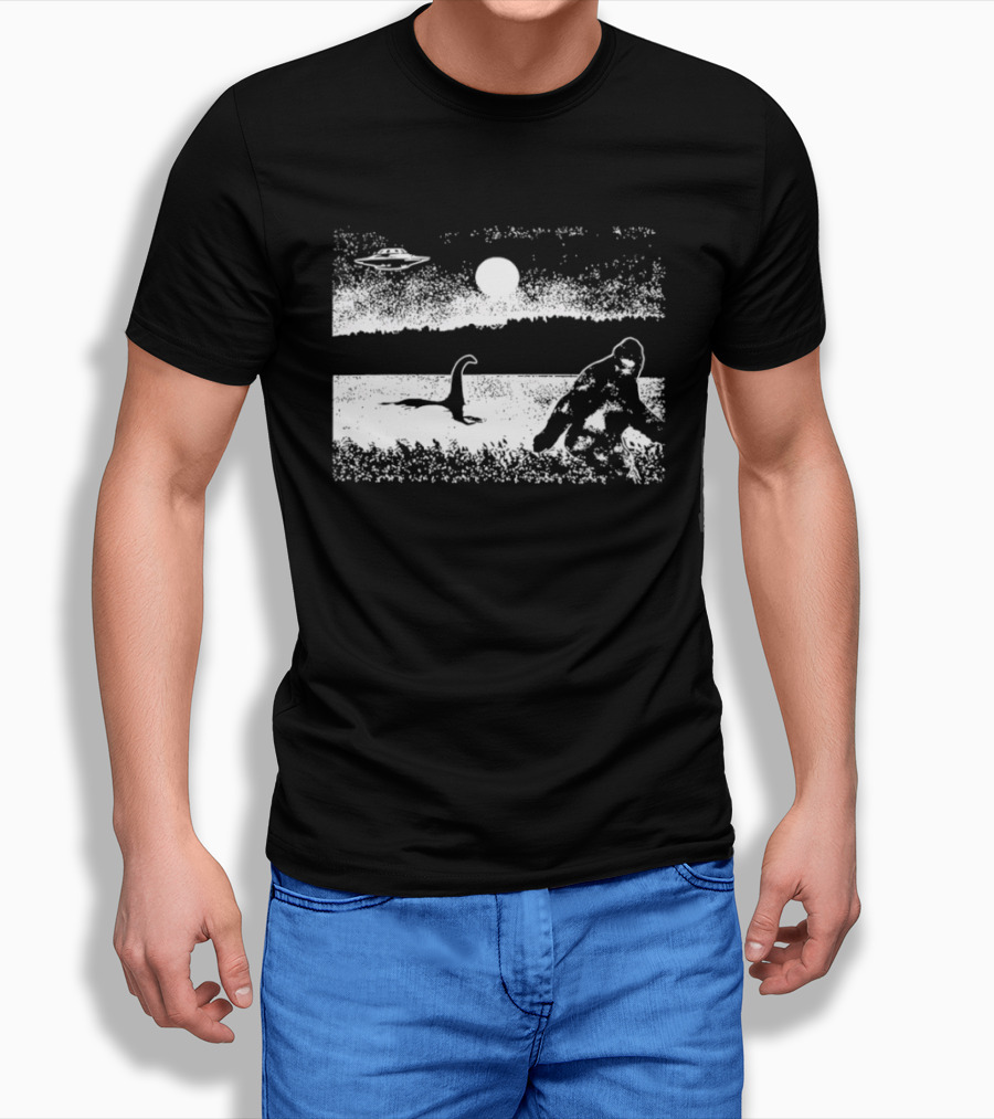 Bigfoot Nessie UFO Cryptid Creature Paranormal Mystery Nature Scene T-Shirt