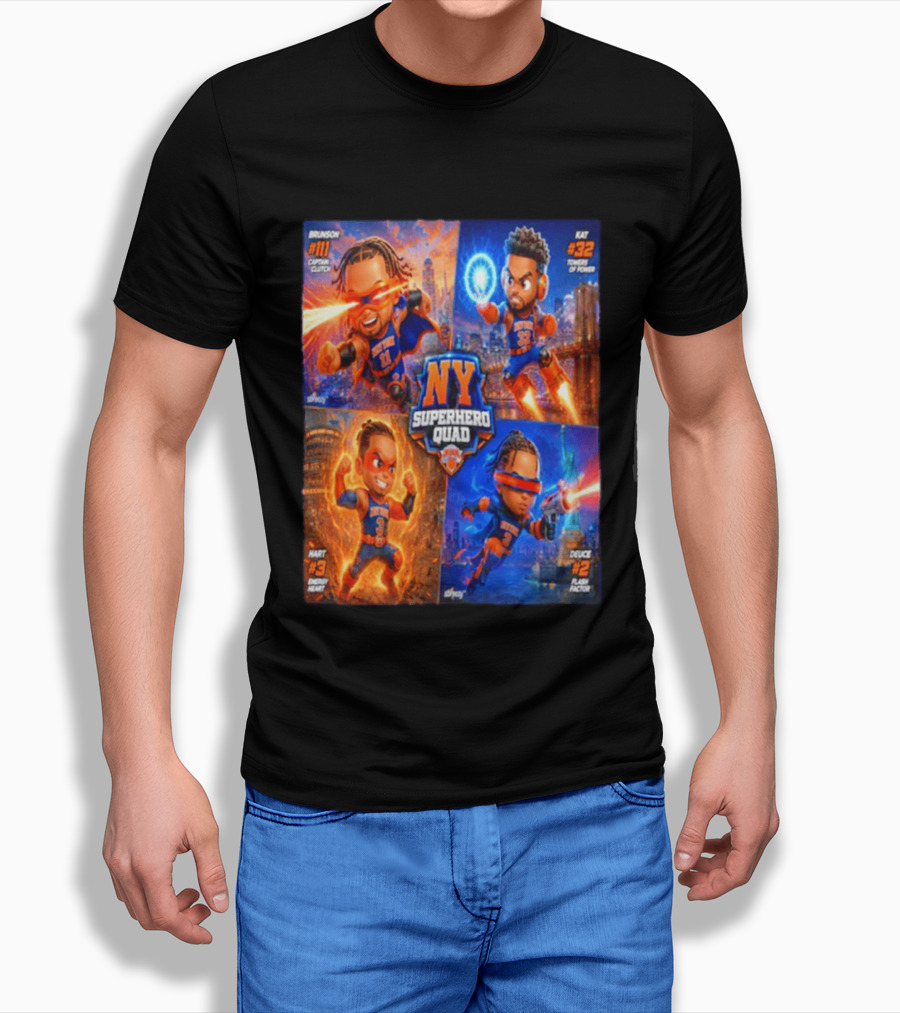 NY Superhero Quad Brunson Captain Clutch Hart Energy Heat Deuce Flash Factor Kat Towers Of Power T-Shirt
