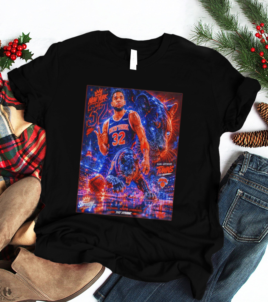 New York 32 Karl Anthony Towns Panther Blossom Street Slicey NBA Knicks T-Shirt