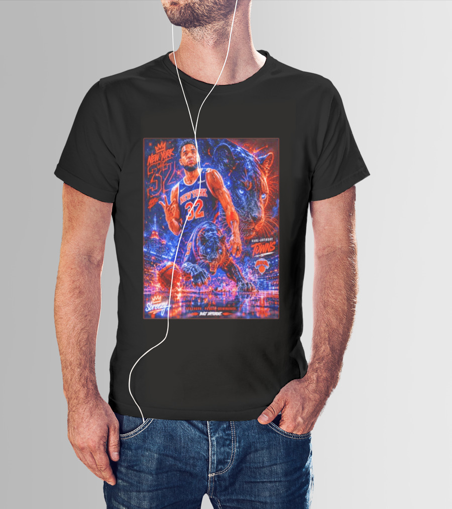 New York 32 Karl Anthony Towns Panther Blossom Street Slicey NBA Knicks T-Shirt