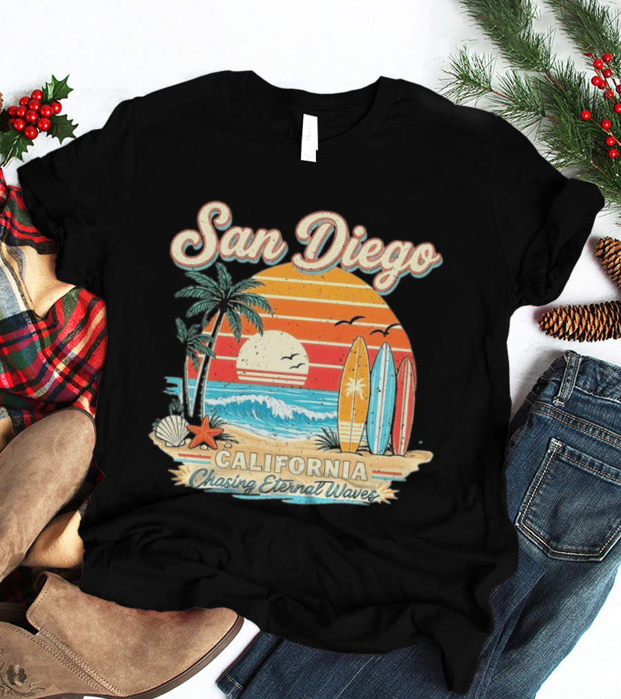San Diego California Surfing Sunrise Chasing Eternal Waves Beach Vacation T-Shirt