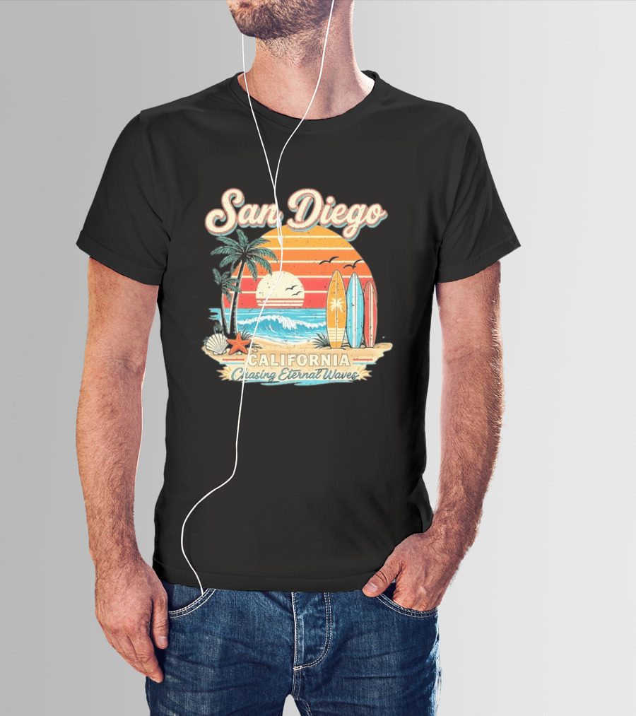 San Diego California Surfing Sunrise Chasing Eternal Waves Beach Vacation T-Shirt
