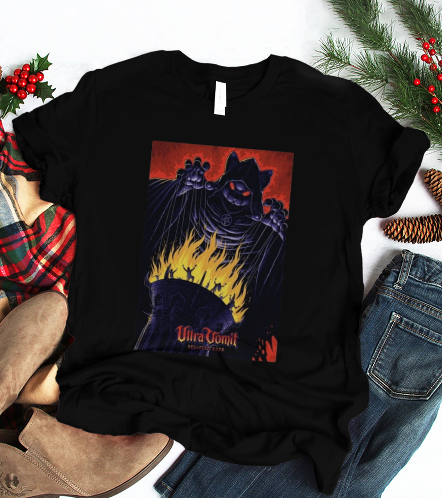 Ultra Vomit Hellfest 2026 Clisson France Jun 19 Puppet Master Cat With Fire Tower T-Shirt