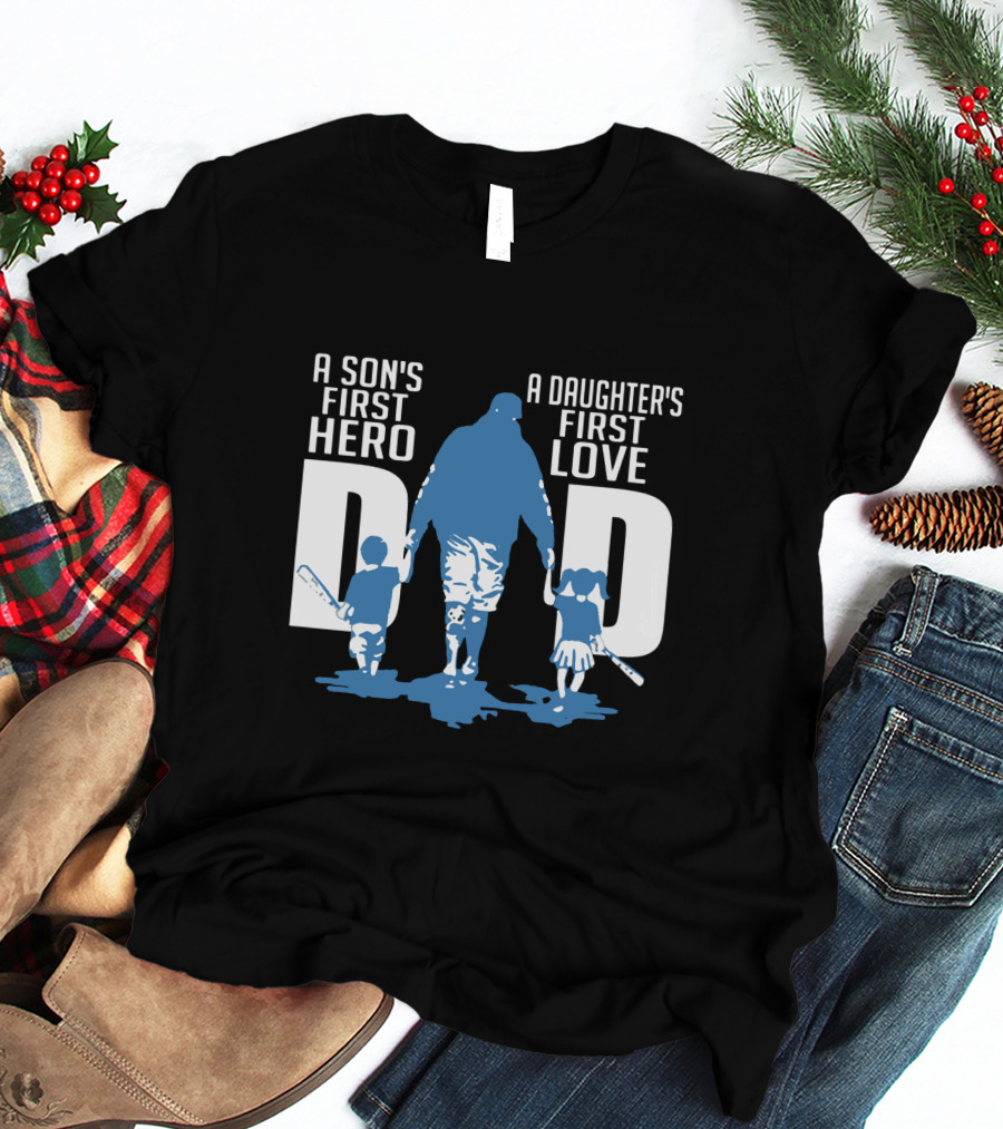 Dad A Son's First Hero A Daughter's First Love Blue Silhouette With Kids And Baseball Bats T-Shirt