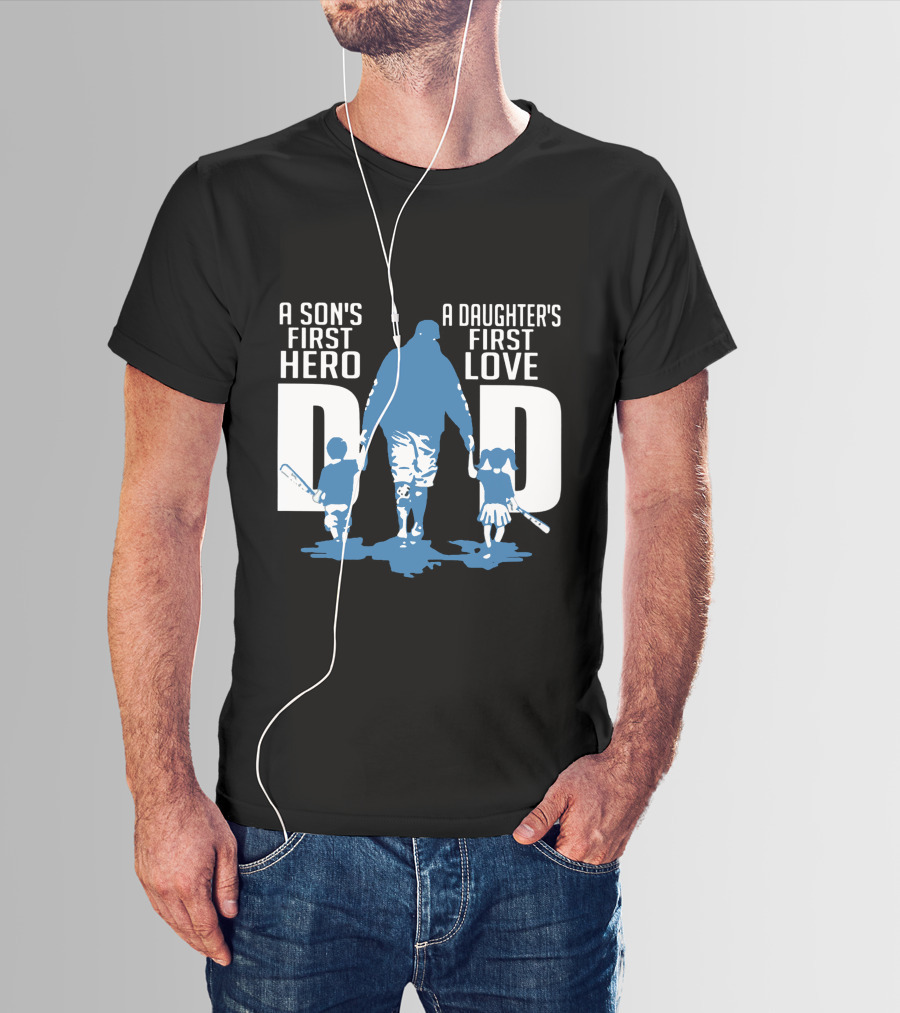 Dad A Son's First Hero A Daughter's First Love Blue Silhouette With Kids And Baseball Bats T-Shirt