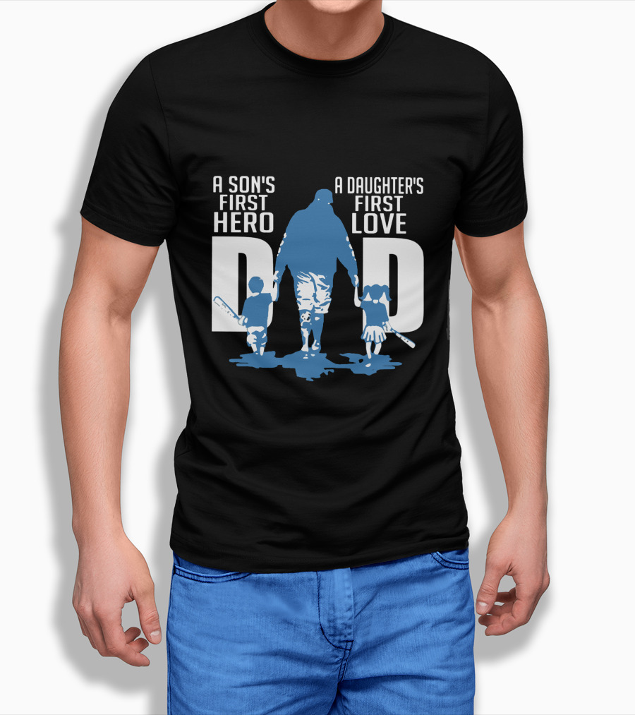 Dad A Son's First Hero A Daughter's First Love Blue Silhouette With Kids And Baseball Bats T-Shirt