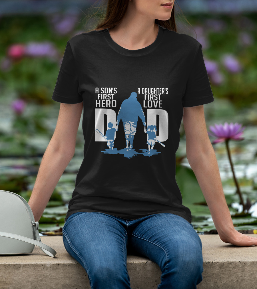 Dad A Son's First Hero A Daughter's First Love Blue Silhouette With Kids And Baseball Bats T-Shirt