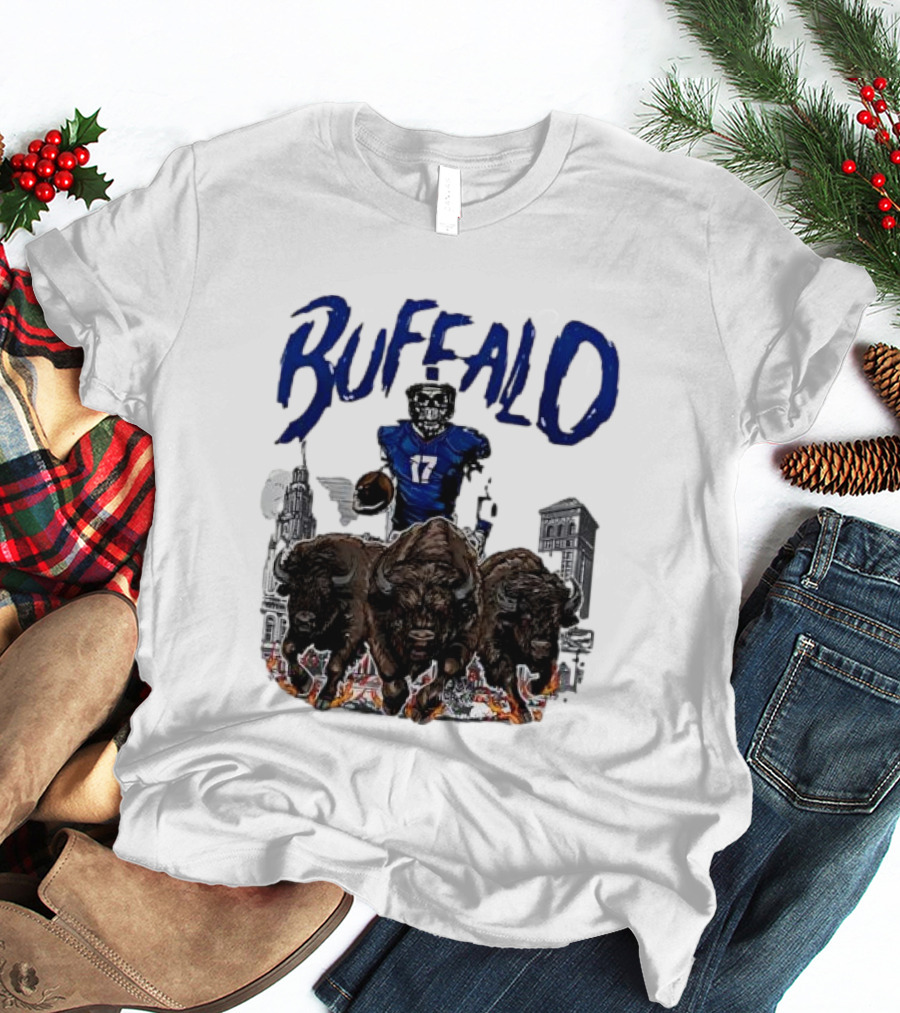 Buffalo Football Skeleton 17 With Charging Bison And City Skyline T-Shirt
