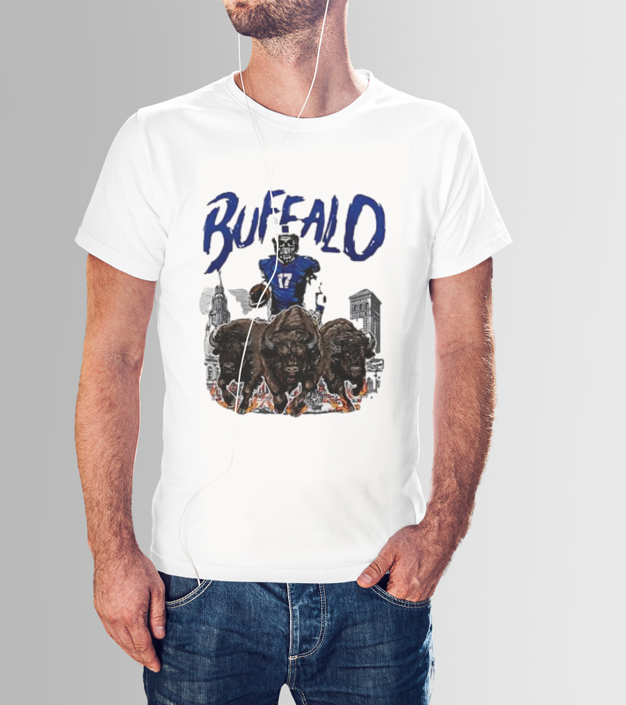 Buffalo Football Skeleton 17 With Charging Bison And City Skyline T-Shirt