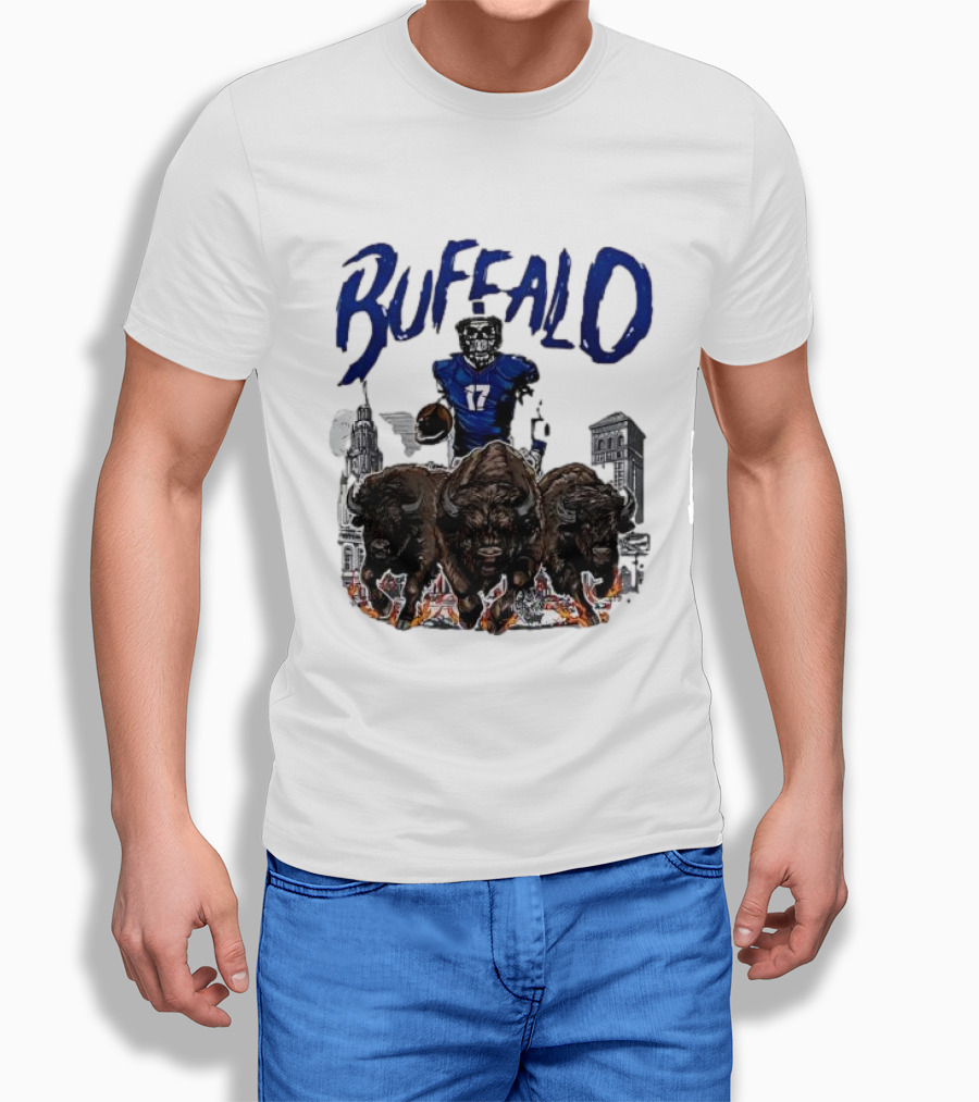 Buffalo Football Skeleton 17 With Charging Bison And City Skyline T-Shirt