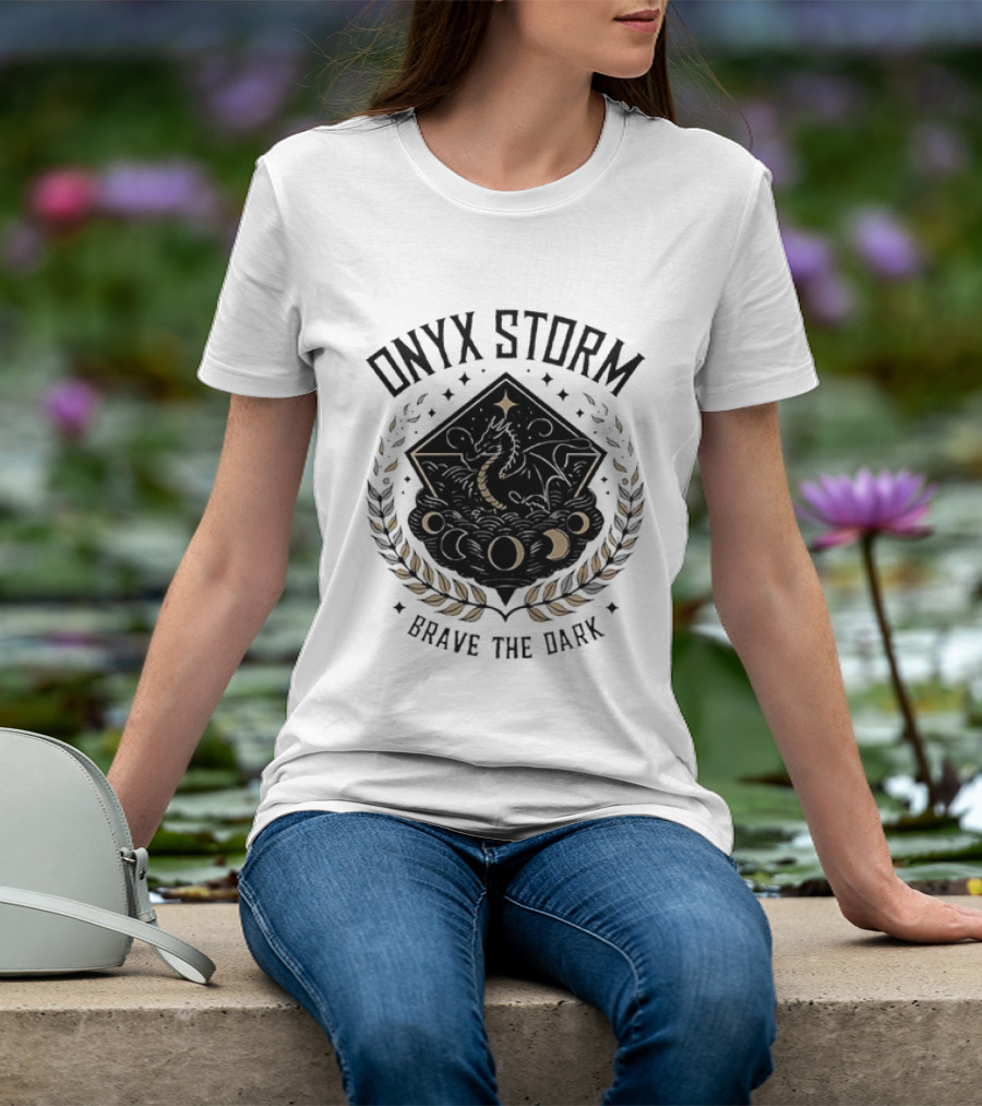 Onyx Storm Brave The Dark Lunar Phases And Celestial Symbols T-Shirt