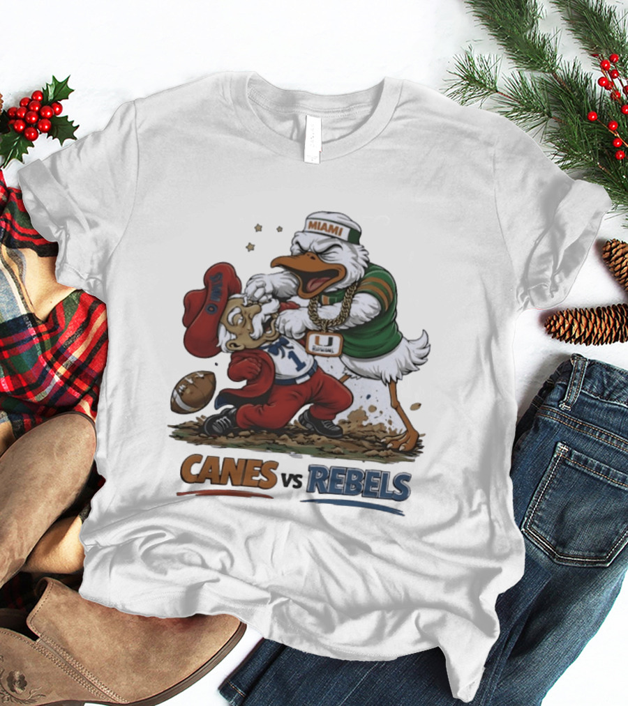 Miami Hurricanes Vs Ole Miss Rebels Mascot Showdown CFP Semifinal Vrbo Fiesta Bowl 2026 T-Shirt