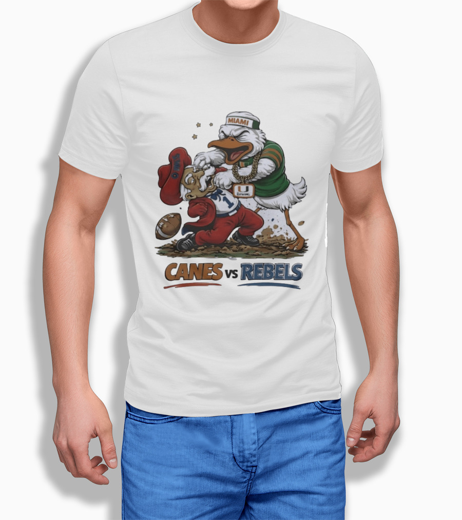 Miami Hurricanes Vs Ole Miss Rebels Mascot Showdown CFP Semifinal Vrbo Fiesta Bowl 2026 T-Shirt