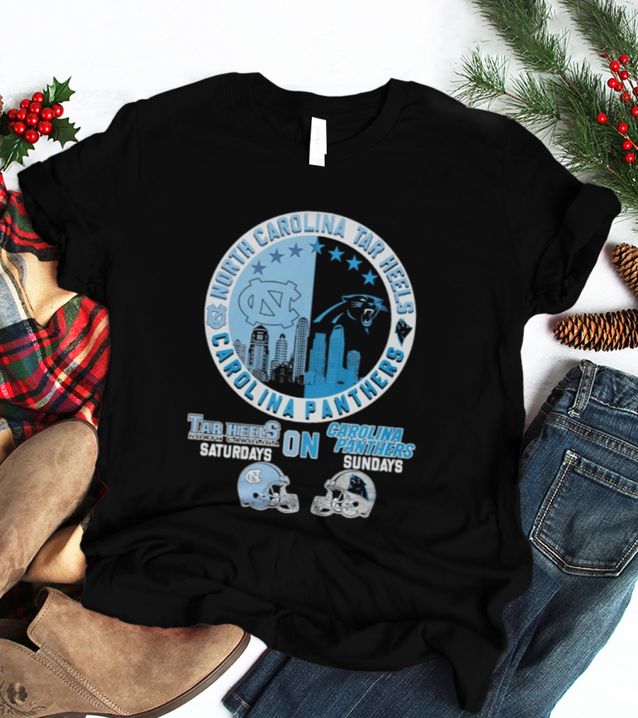 North Carolina Tar Heels Saturdays Carolina Panthers Sundays Helmet Mashup T-Shirt
