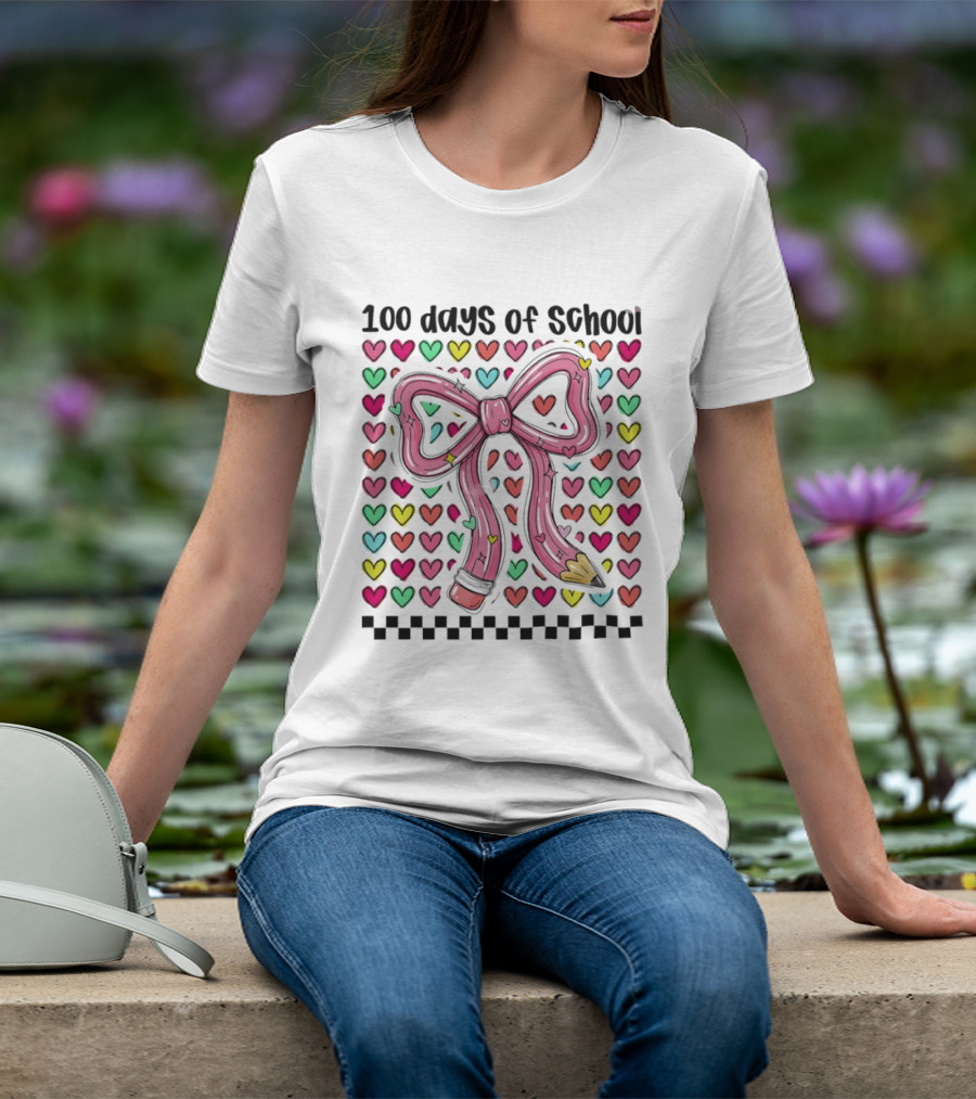 100 Days Of School Valentine Coquette Bow Pencil Hearts T-Shirt