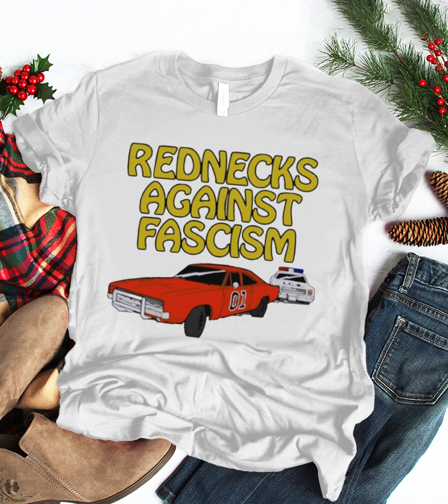 Rednecks Against Fascism Car Cartoon With 01 And Police Chase Scene T-Shirt