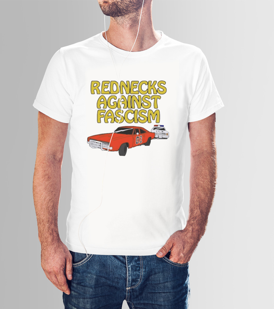 Rednecks Against Fascism Car Cartoon With 01 And Police Chase Scene T-Shirt