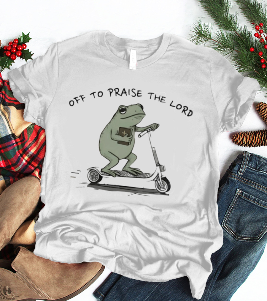 Funny Christian Frog Off To Praise The Lord On Scooter T-Shirt