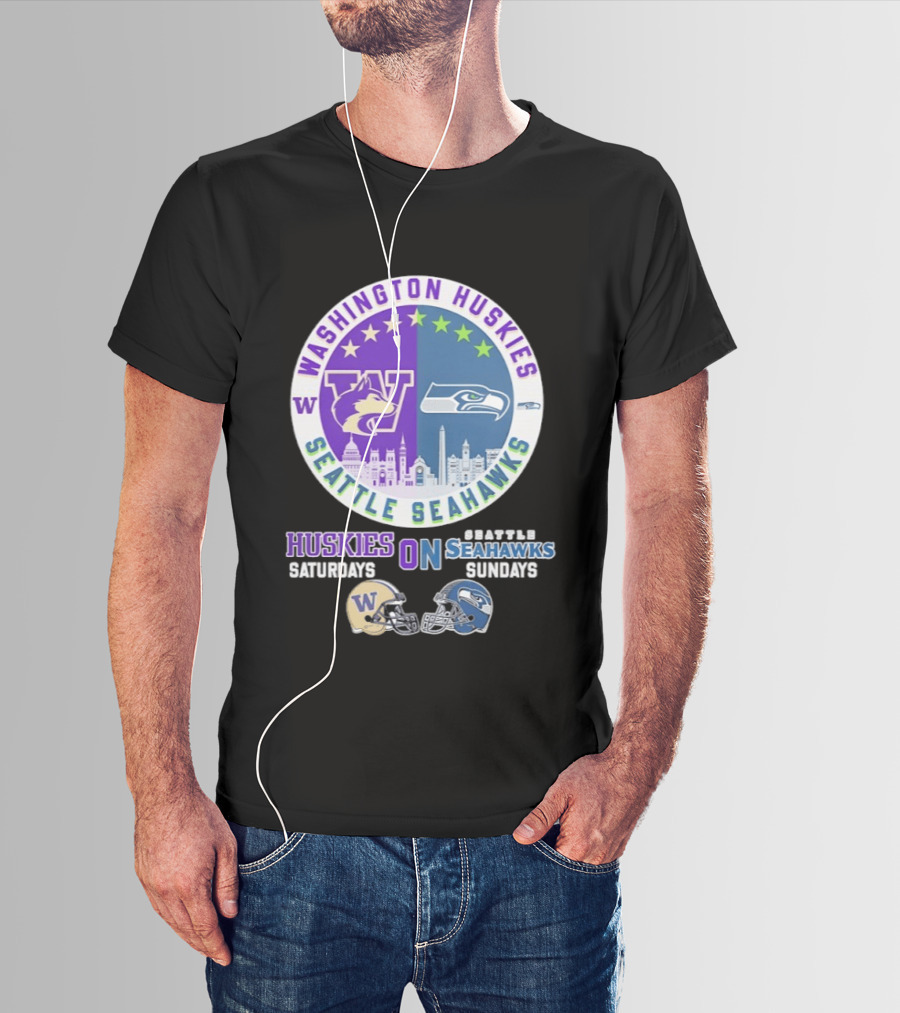 Washington Huskies Saturdays Seattle Seahawks Sundays Football Helmet Mashup T-Shirt