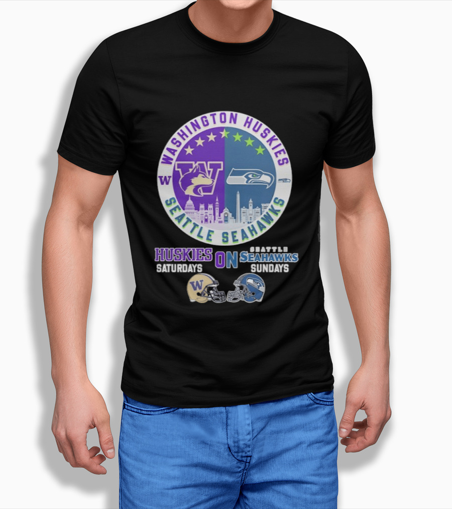 Washington Huskies Saturdays Seattle Seahawks Sundays Football Helmet Mashup T-Shirt