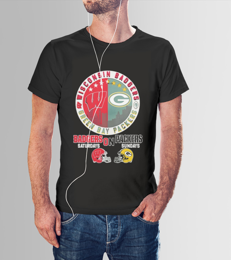 Wisconsin Badgers Green Bay Packers Saturdays Sundays Helmet Mashup T-Shirt