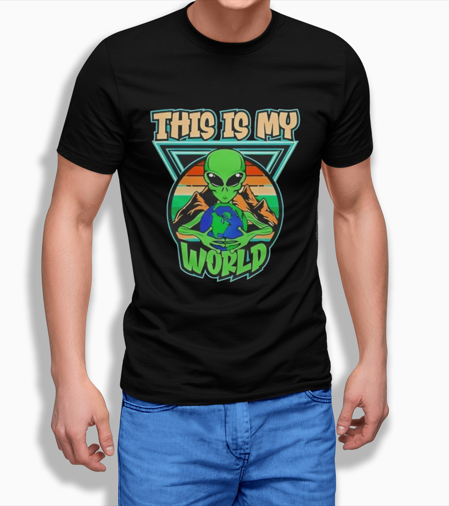 This Is My World Alien Holding Earth Retro Desert Scene T-Shirt