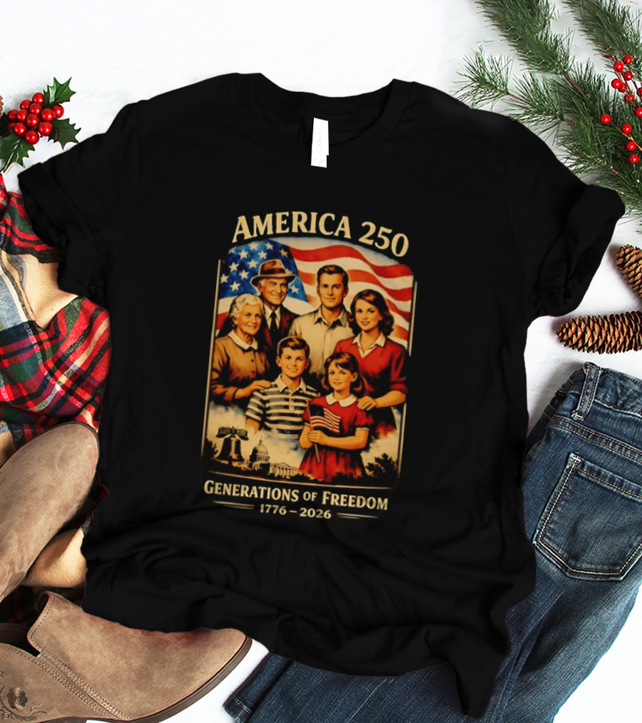 America 250 Generations Of Freedom 1776 2026 Vintage Family With Flag T-Shirt
