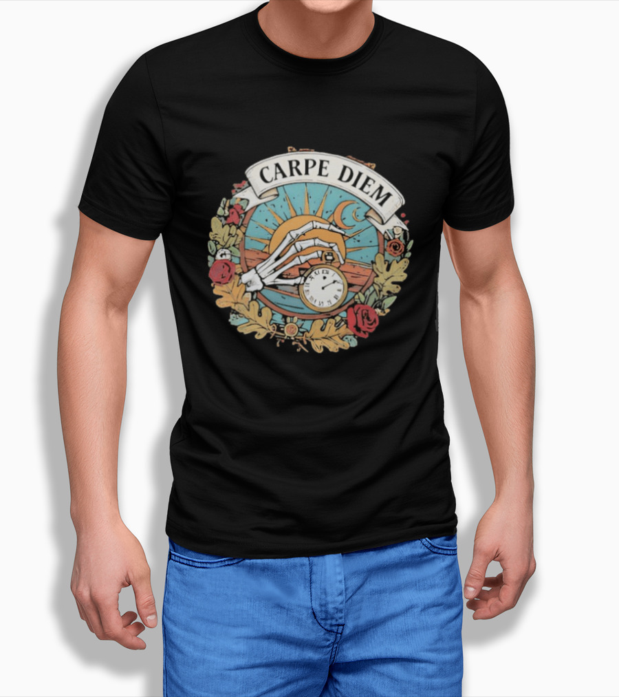 Carpe Diem Memento Mori Skeleton Art Roses Sun Moon T-Shirt