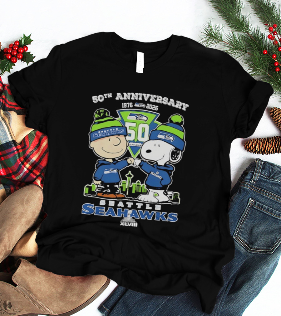 Charlie Brown Snoopy Fist Bump Seattle Seahawks 50th Anniversary Skyline 1976 2026 T-Shirt