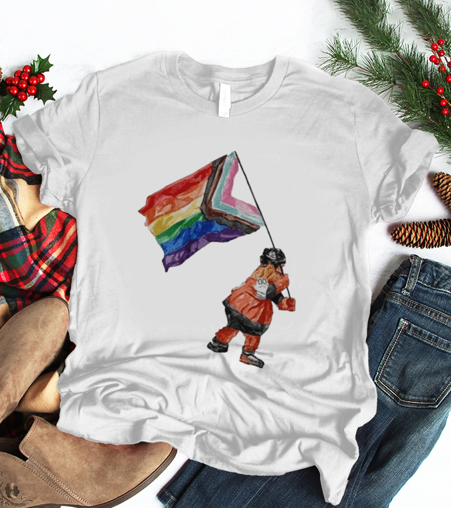 Philadelphia Hockey Mascot Holding Progress Pride Flag T-Shirt