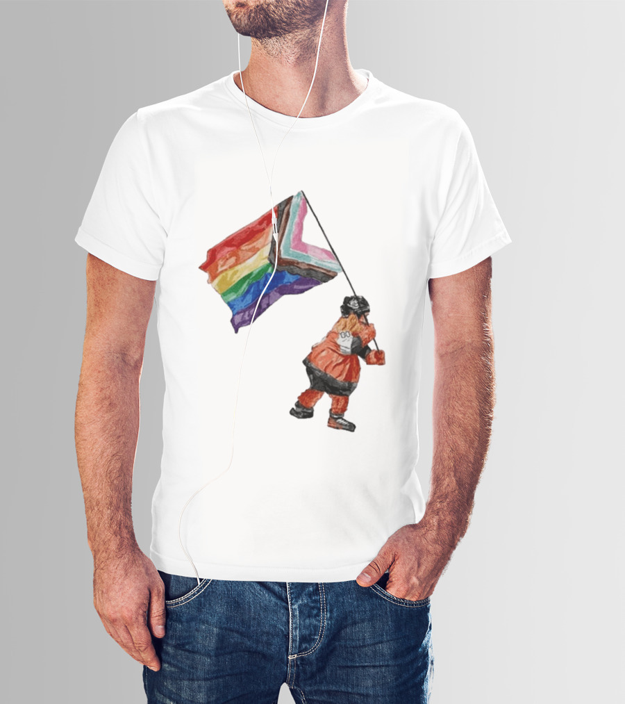 Philadelphia Hockey Mascot Holding Progress Pride Flag T-Shirt