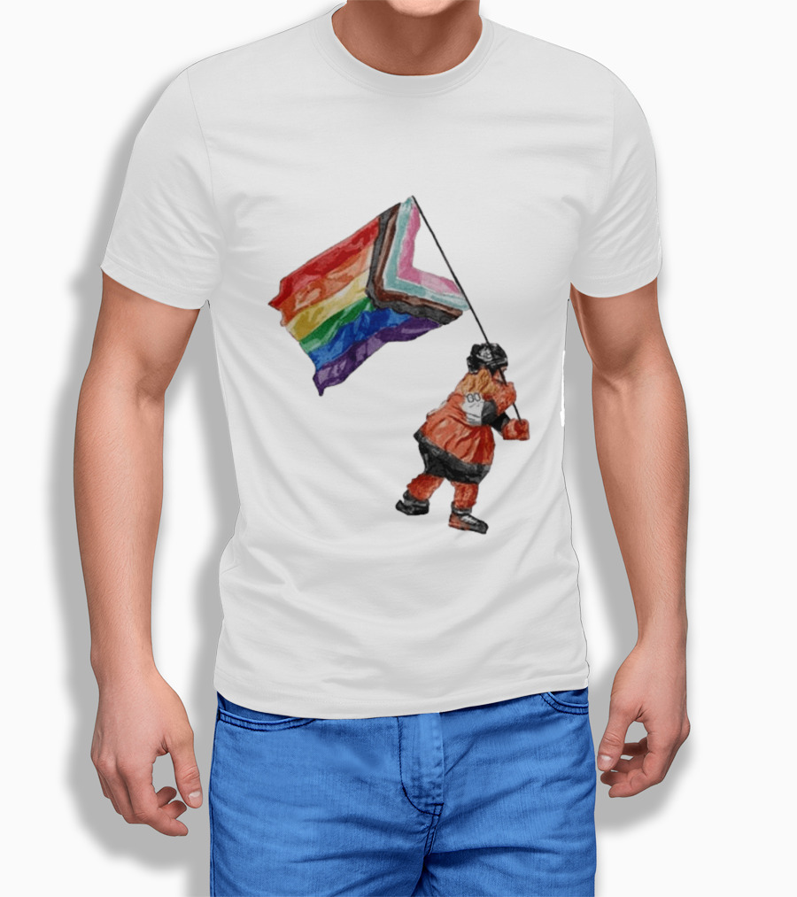 Philadelphia Hockey Mascot Holding Progress Pride Flag T-Shirt