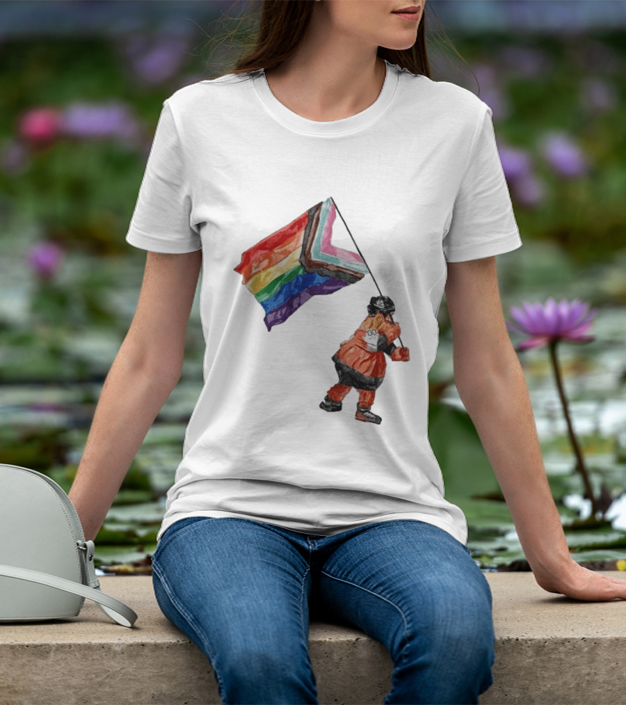 Philadelphia Hockey Mascot Holding Progress Pride Flag T-Shirt