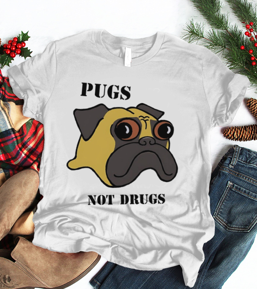 Pugs Not Drugs Cartoon Dog Face Funny Anti Drug Message T-Shirt