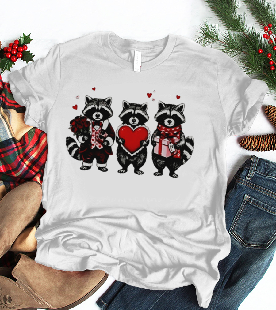Valentine's Raccoons Love Heart Roses T-Shirt