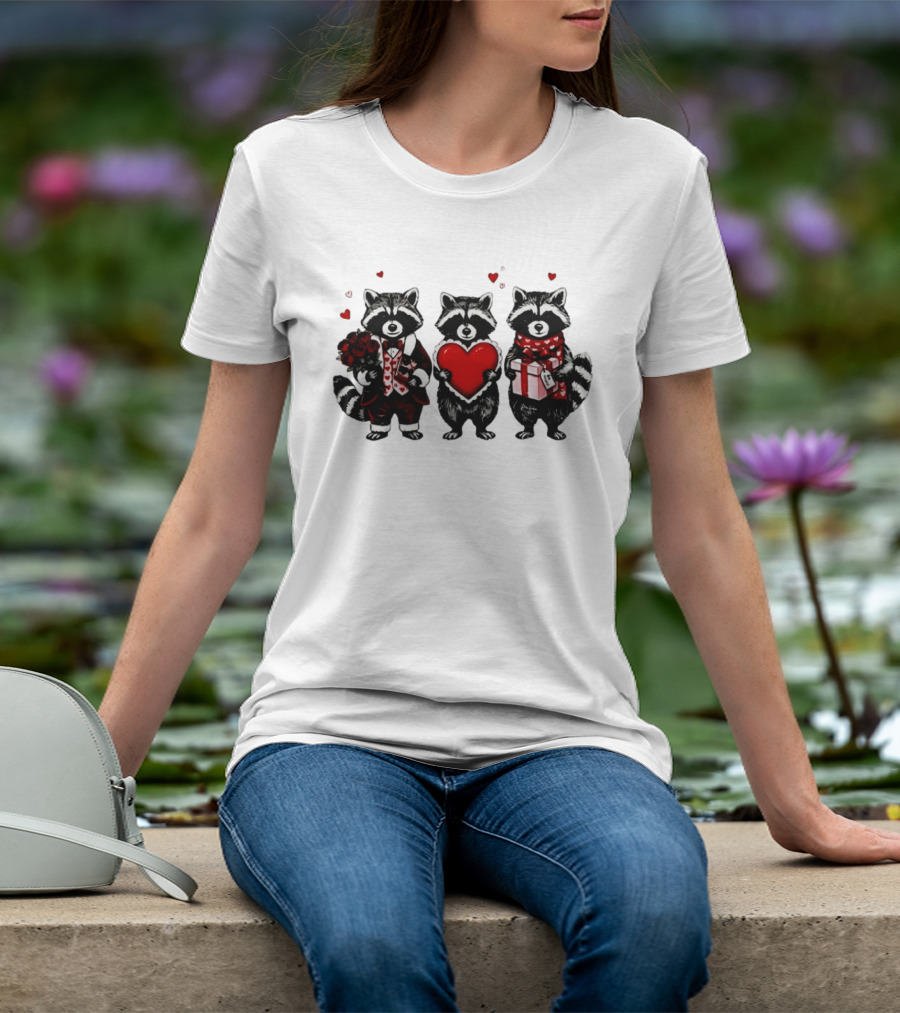 Valentine's Raccoons Love Heart Roses T-Shirt