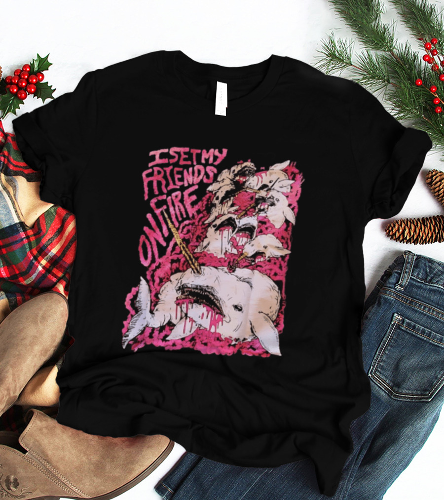 I Set My Friends On Fire Narwhal Pink And White T-Shirt