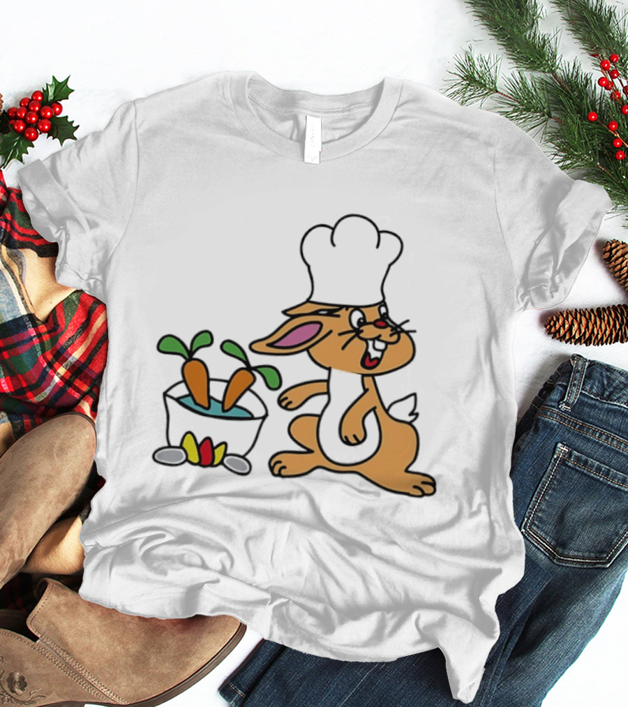 Cartoon Bunny Chef Cooking With Carrots And Pot T-Shirt