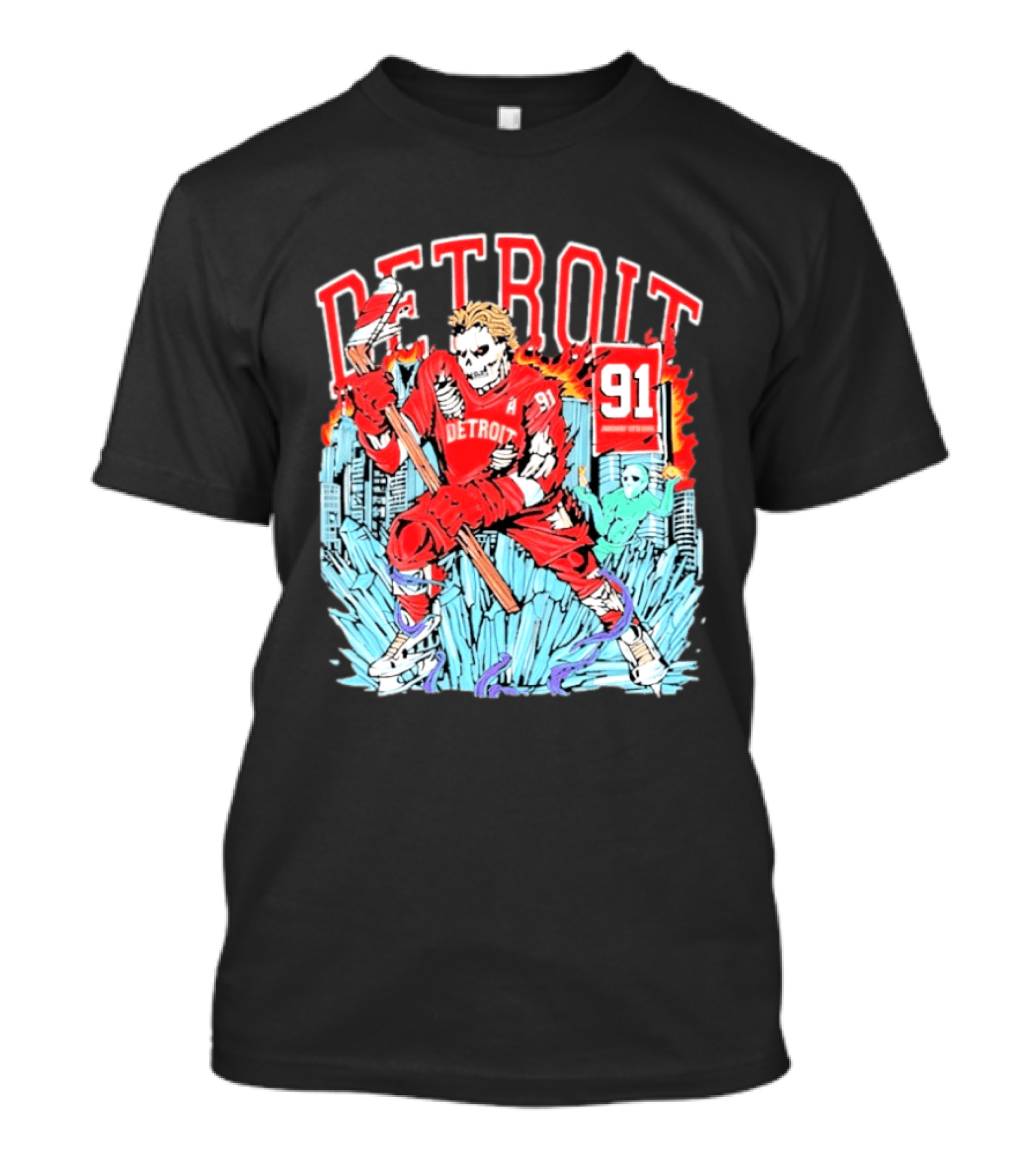 Detroit Hockey 91 Skeleton Player Red Jersey Cityscape Flame T-Shirt