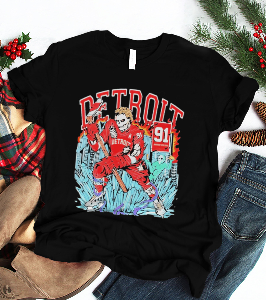 Detroit Hockey 91 Skeleton Player Red Jersey Cityscape Flame T-Shirt
