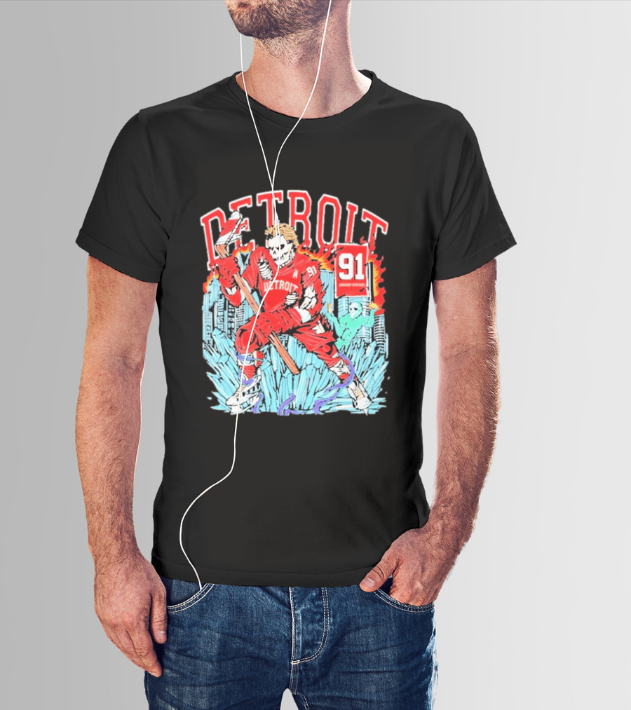 Detroit Hockey 91 Skeleton Player Red Jersey Cityscape Flame T-Shirt