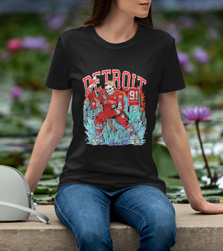 Detroit Hockey 91 Skeleton Player Red Jersey Cityscape Flame T-Shirt