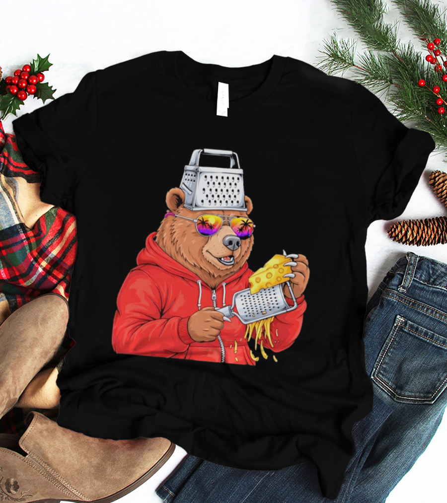 Bear With Cheese Grater Hat And Sunglasses With Bright Palm Tree Reflection T-Shirt