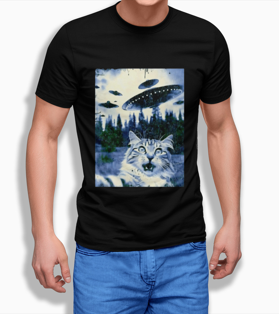 UFO Cat Extraterrestrial Surprise Scene T-Shirt