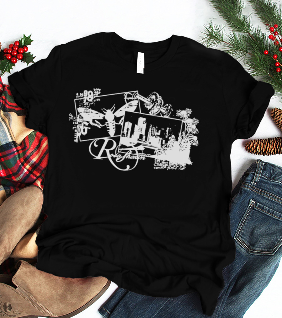 R Rosasharin Collage R Script Butterfly Cityscape White T-Shirt