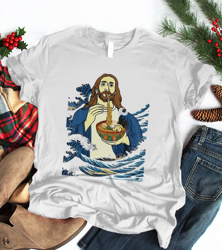 God Eats Ramen Jesus Wave Meme With Bowl Of Noodles T-Shirt