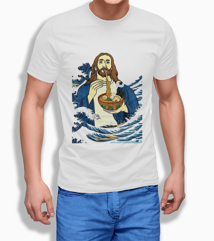 God Eats Ramen Jesus Wave Meme With Bowl Of Noodles T-Shirt