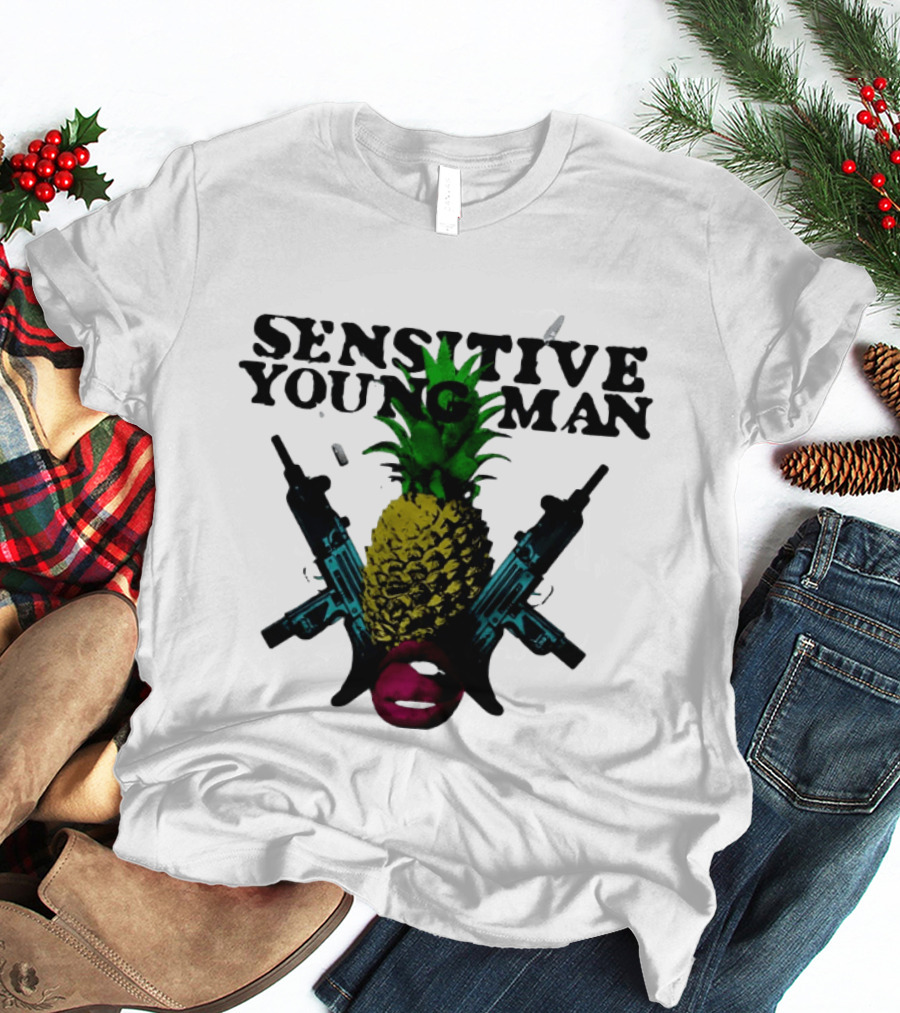 Sensitive Young Man Pineapple With Guns And Lips T-Shirt