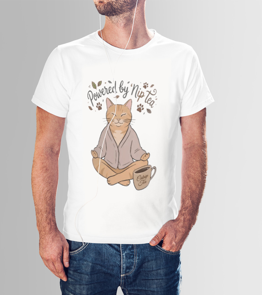 Powered By Nip Tea Catnip Tea Meditating Cat With Paw Prints T-Shirt